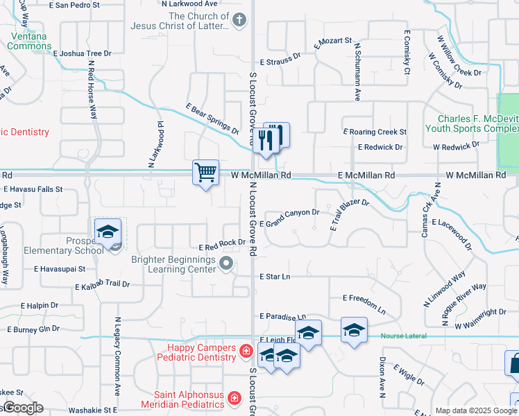 map of restaurants, bars, coffee shops, grocery stores, and more near 1624 East Territory Drive in Meridian