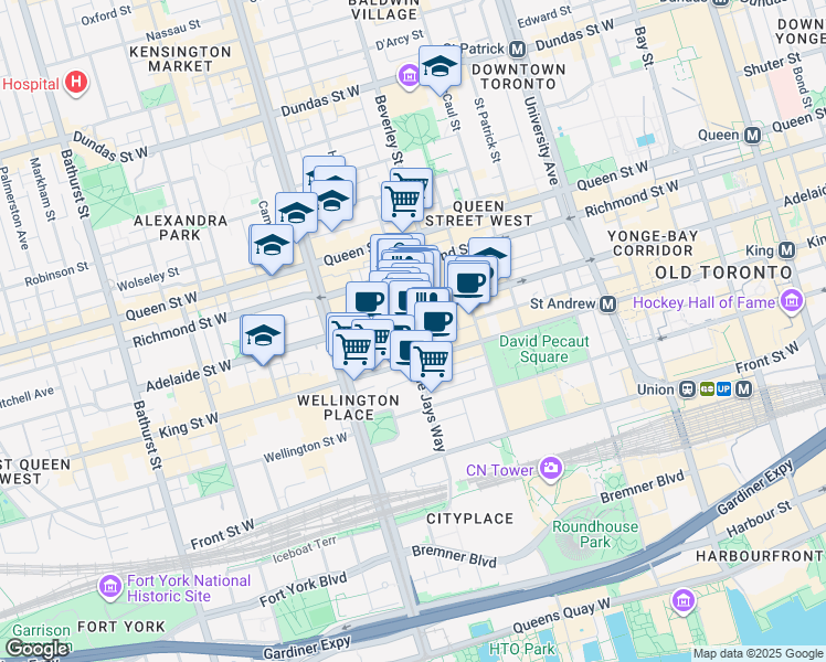 map of restaurants, bars, coffee shops, grocery stores, and more near 87 Peter Street in Toronto