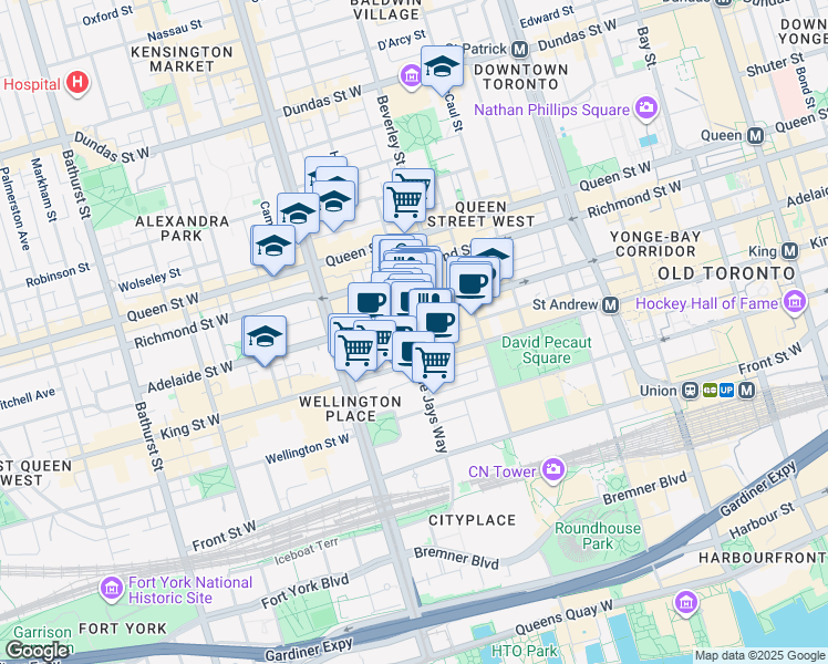 map of restaurants, bars, coffee shops, grocery stores, and more near 87 Peter Street in Toronto
