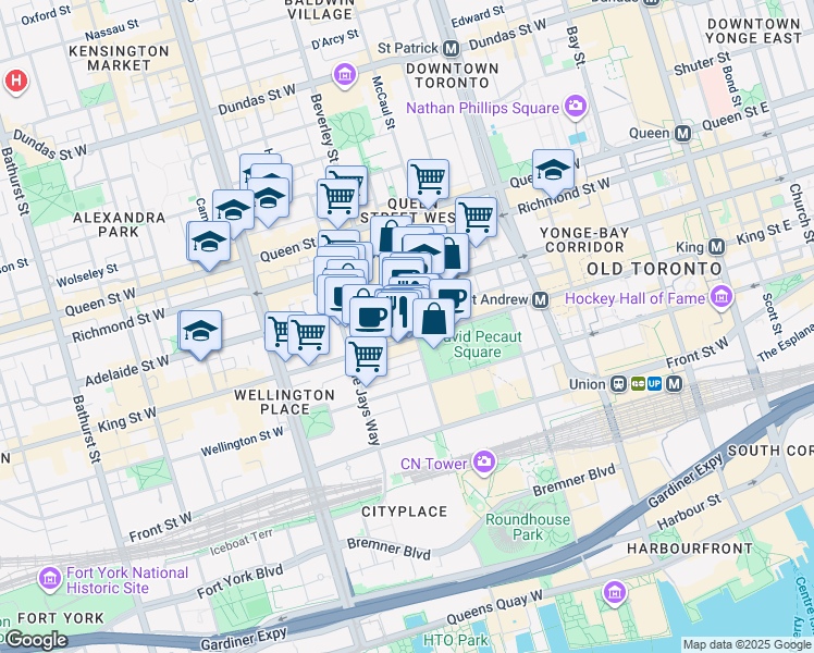 map of restaurants, bars, coffee shops, grocery stores, and more near 80 John Street in Toronto