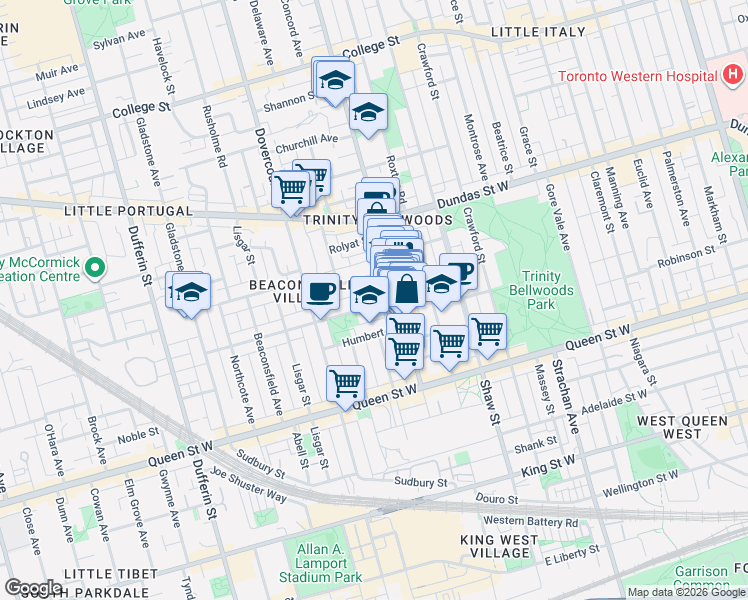 map of restaurants, bars, coffee shops, grocery stores, and more near 74 Argyle Street in Toronto
