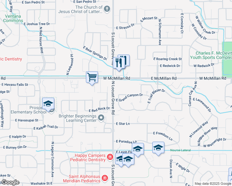 map of restaurants, bars, coffee shops, grocery stores, and more near 1624 E Territory Dr in Meridian