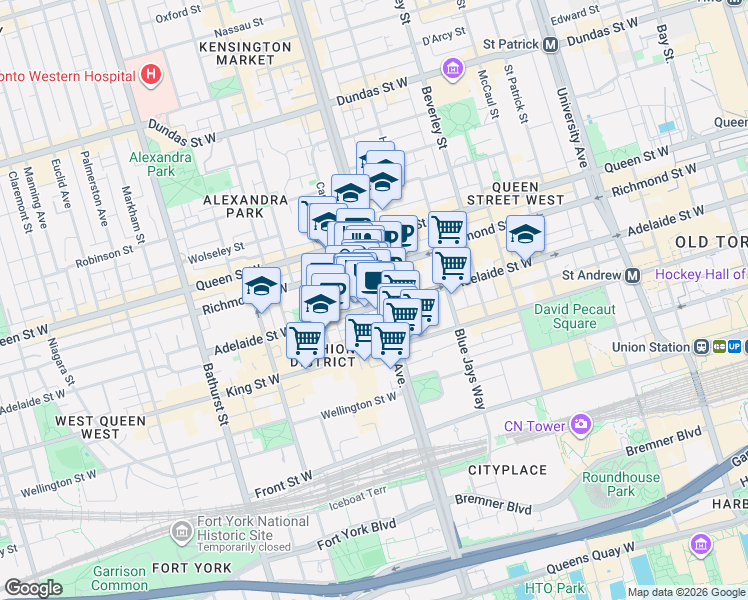 map of restaurants, bars, coffee shops, grocery stores, and more near 110 Spadina Avenue in Toronto