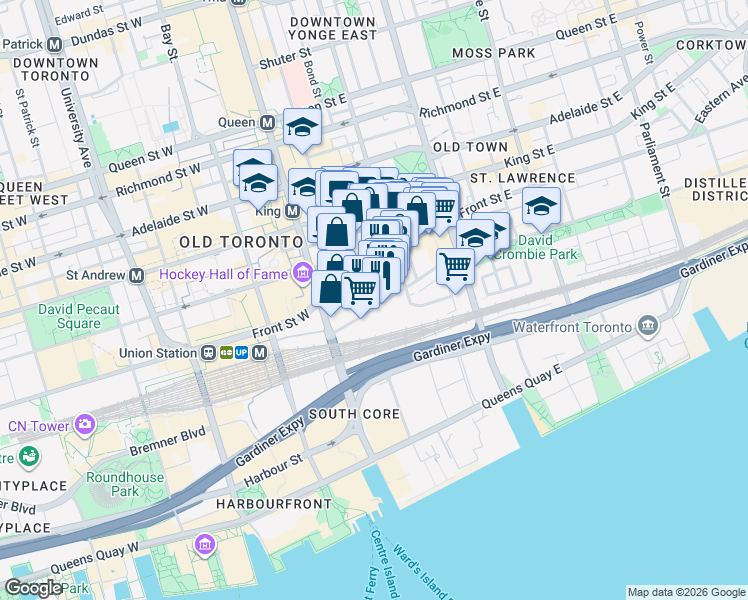 map of restaurants, bars, coffee shops, grocery stores, and more near 38 The Esplanade in Toronto