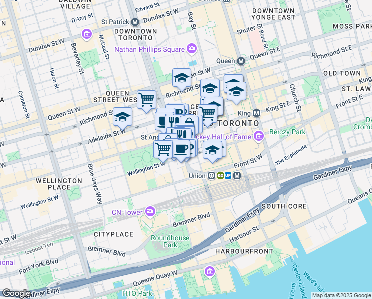 map of restaurants, bars, coffee shops, grocery stores, and more near in Toronto