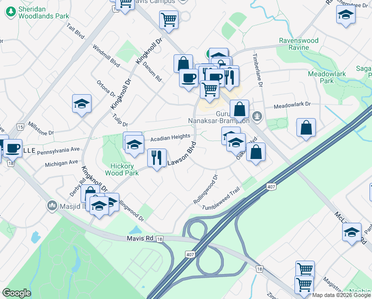 map of restaurants, bars, coffee shops, grocery stores, and more near 560 Ray Lawson Boulevard in Brampton