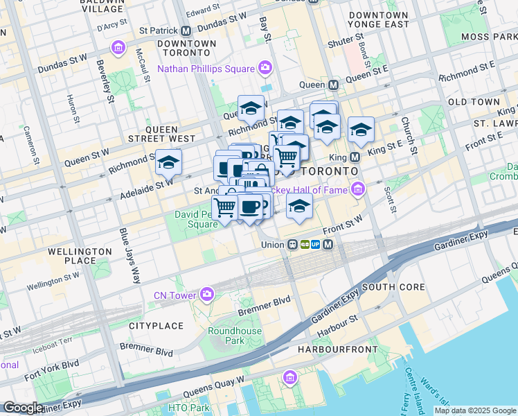 map of restaurants, bars, coffee shops, grocery stores, and more near 55 University Avenue in Toronto