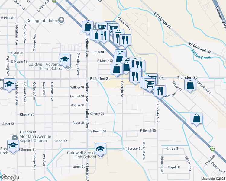 map of restaurants, bars, coffee shops, grocery stores, and more near 2602 South Georgia Avenue in Caldwell