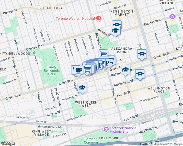 map of restaurants, bars, coffee shops, grocery stores, and more near in Toronto