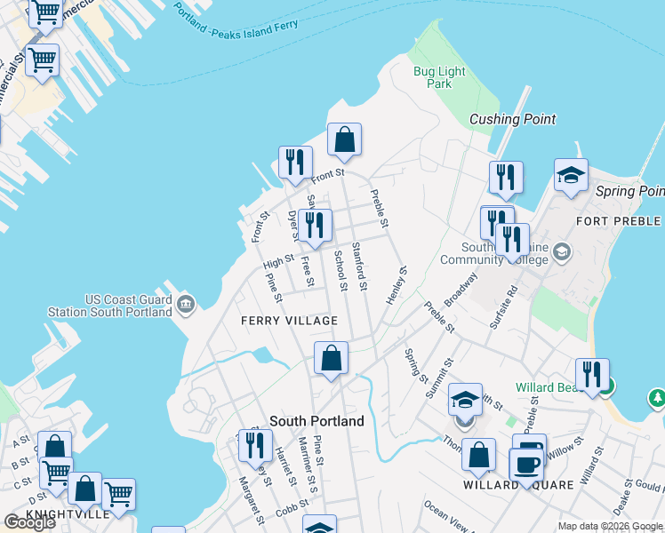 map of restaurants, bars, coffee shops, grocery stores, and more near 140 Sawyer Street in South Portland
