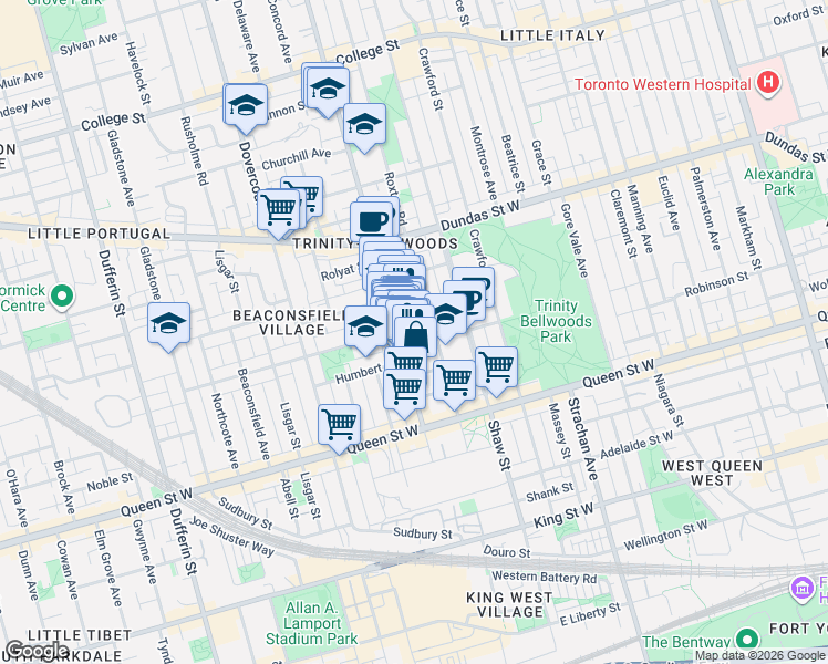 map of restaurants, bars, coffee shops, grocery stores, and more near 43A Argyle Street in Toronto