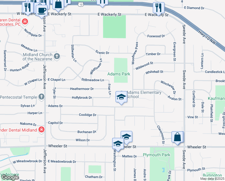 map of restaurants, bars, coffee shops, grocery stores, and more near 5404 Friar Lane in Midland