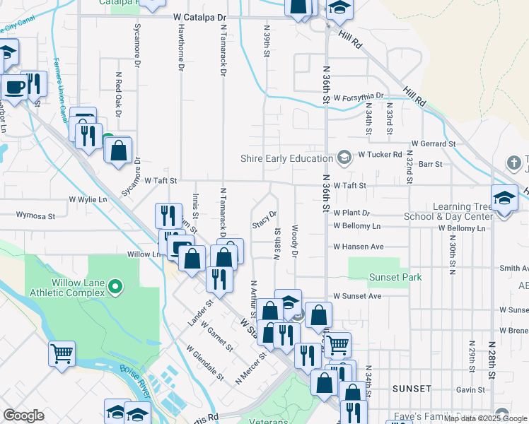 map of restaurants, bars, coffee shops, grocery stores, and more near 3880 Stacy Drive in Boise