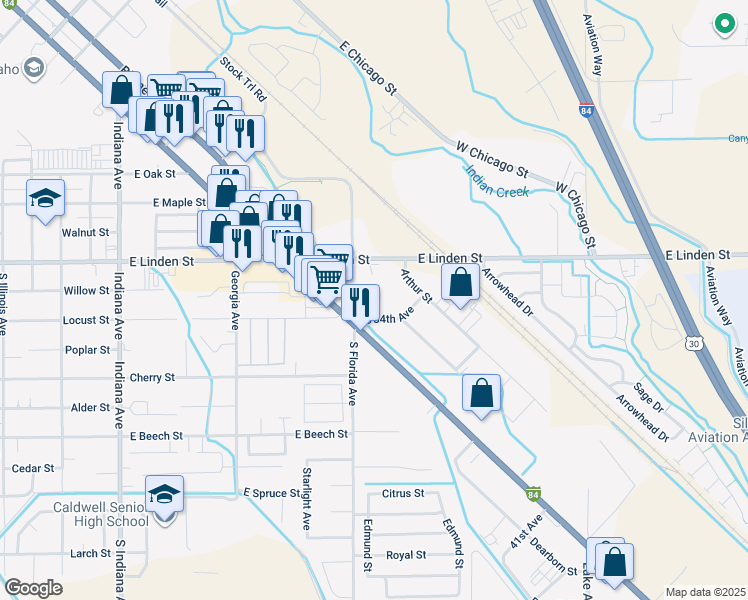 map of restaurants, bars, coffee shops, grocery stores, and more near 318 South 34th Avenue in Caldwell