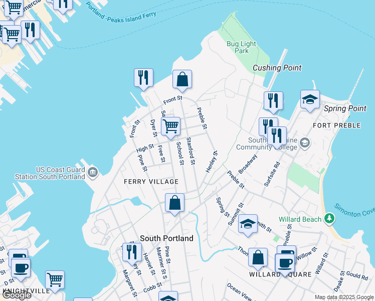 map of restaurants, bars, coffee shops, grocery stores, and more near 141 Stanford Street in South Portland