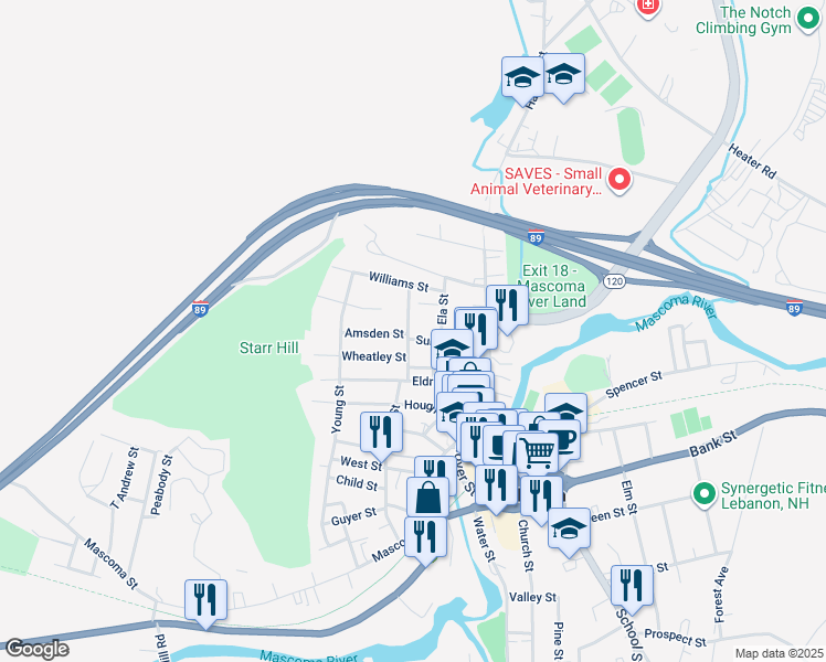 map of restaurants, bars, coffee shops, grocery stores, and more near 18 Colburn Street in Lebanon