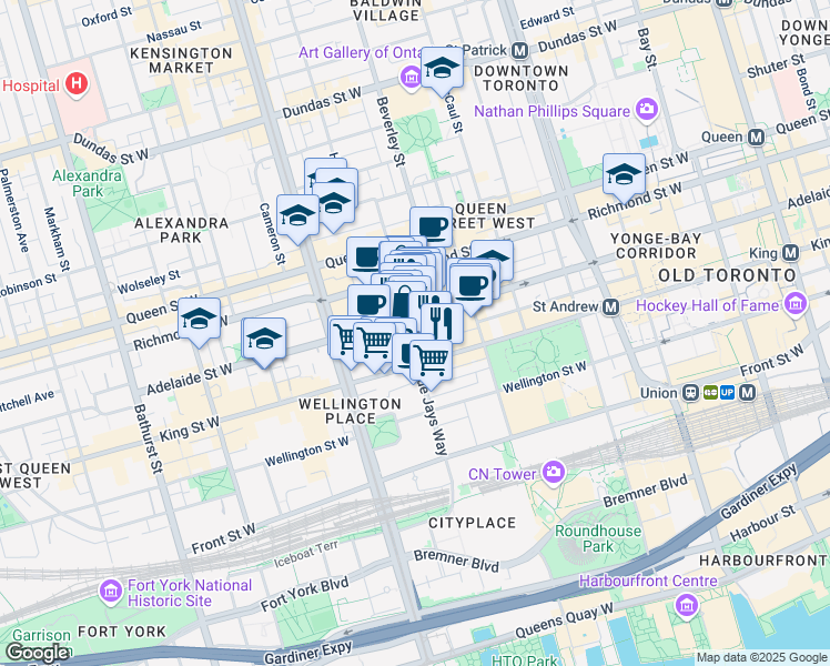 map of restaurants, bars, coffee shops, grocery stores, and more near in Toronto