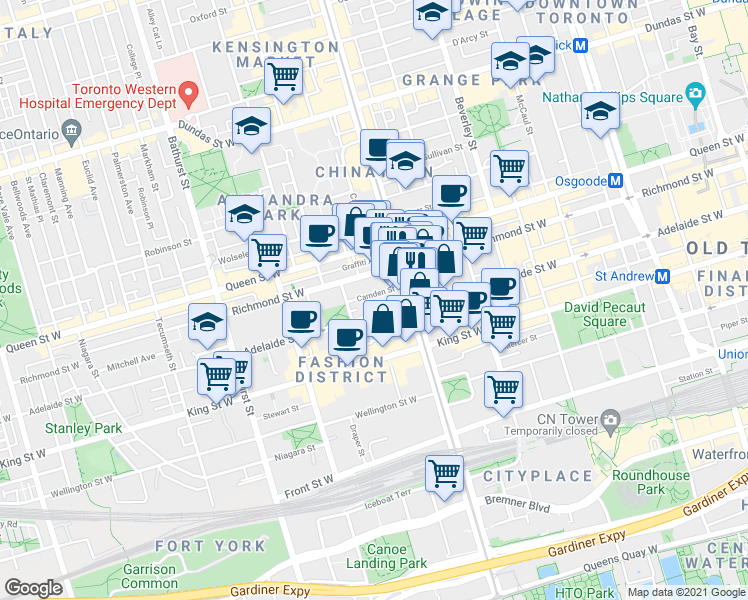 map of restaurants, bars, coffee shops, grocery stores, and more near 96 Spadina Avenue in Toronto