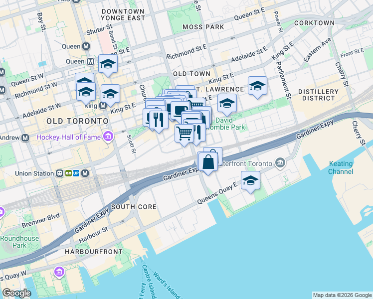 map of restaurants, bars, coffee shops, grocery stores, and more near 1 Market Street in Toronto