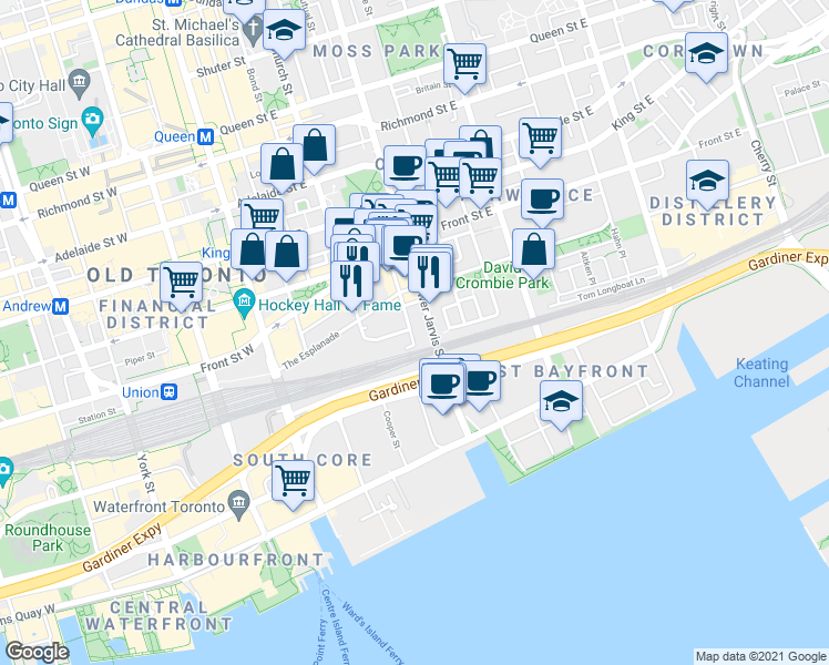 map of restaurants, bars, coffee shops, grocery stores, and more near 1 Market Street in Toronto