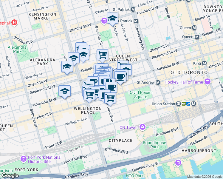 map of restaurants, bars, coffee shops, grocery stores, and more near 28 Widmer Street in Toronto