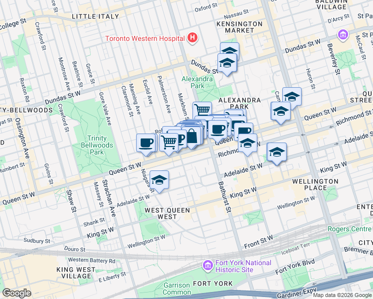 map of restaurants, bars, coffee shops, grocery stores, and more near 638 Queen Street West in Toronto