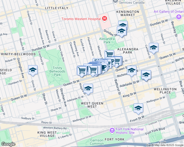 map of restaurants, bars, coffee shops, grocery stores, and more near 3 Euclid Avenue in Toronto