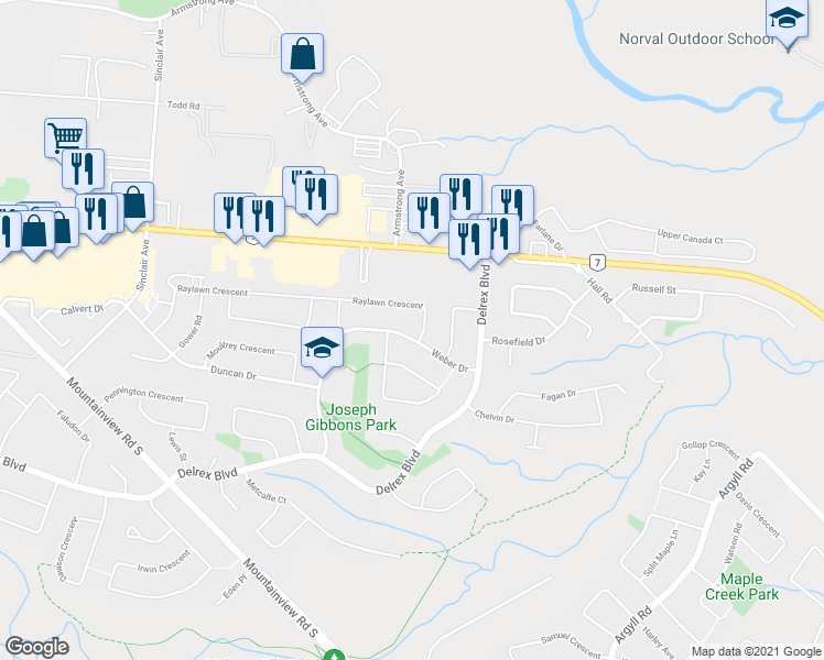 map of restaurants, bars, coffee shops, grocery stores, and more near 28 Weber Drive in Halton Hills