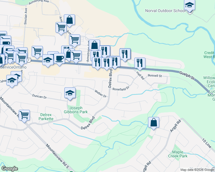 map of restaurants, bars, coffee shops, grocery stores, and more near 429 Delrex Boulevard in Halton Hills