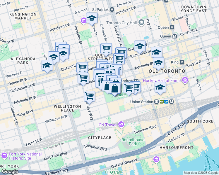 map of restaurants, bars, coffee shops, grocery stores, and more near 284 King Street West in Toronto
