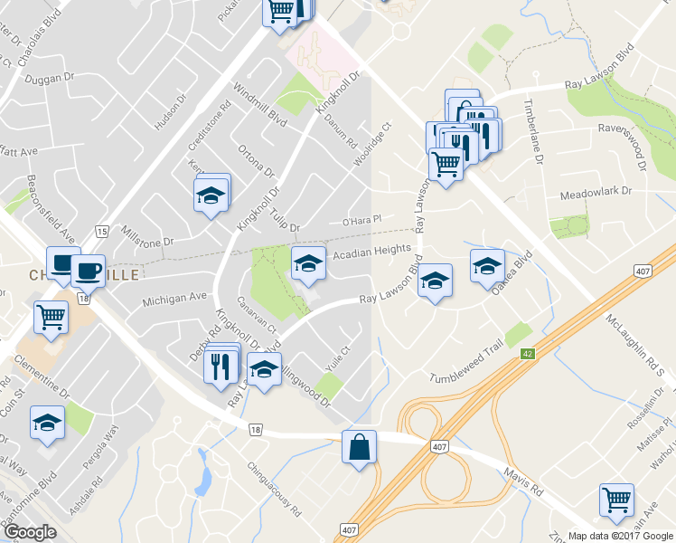 map of restaurants, bars, coffee shops, grocery stores, and more near 47 Stalbridge Avenue in Brampton