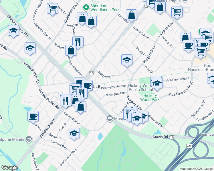 map of restaurants, bars, coffee shops, grocery stores, and more near 51 Pennsylvania Avenue in Brampton