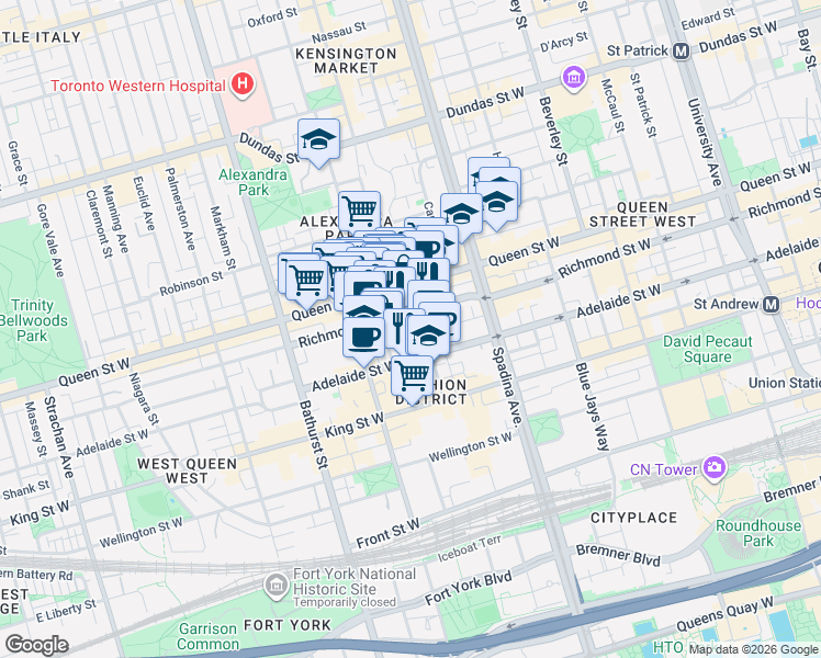 map of restaurants, bars, coffee shops, grocery stores, and more near 505 Richmond Street West in Toronto