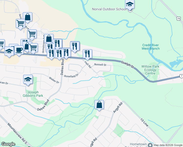 map of restaurants, bars, coffee shops, grocery stores, and more near 38-40 Hall Road in Halton Hills