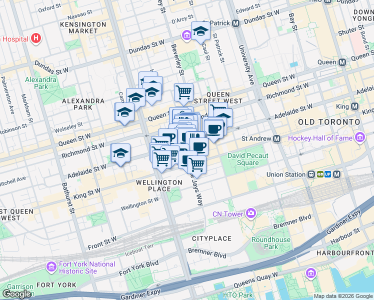 map of restaurants, bars, coffee shops, grocery stores, and more near 87 Peter Street in Toronto