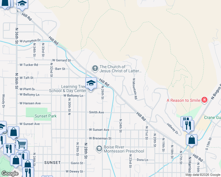 map of restaurants, bars, coffee shops, grocery stores, and more near 2501 West Hill Road in Boise