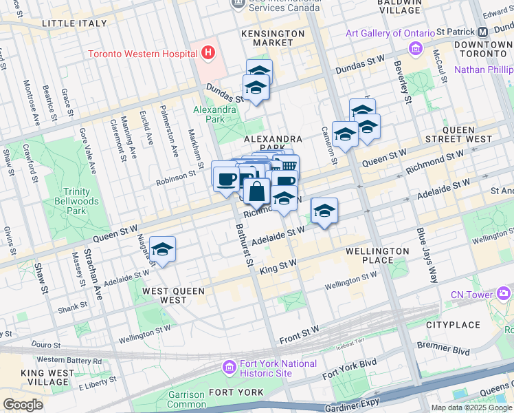 map of restaurants, bars, coffee shops, grocery stores, and more near 592 Richmond Street West in Toronto