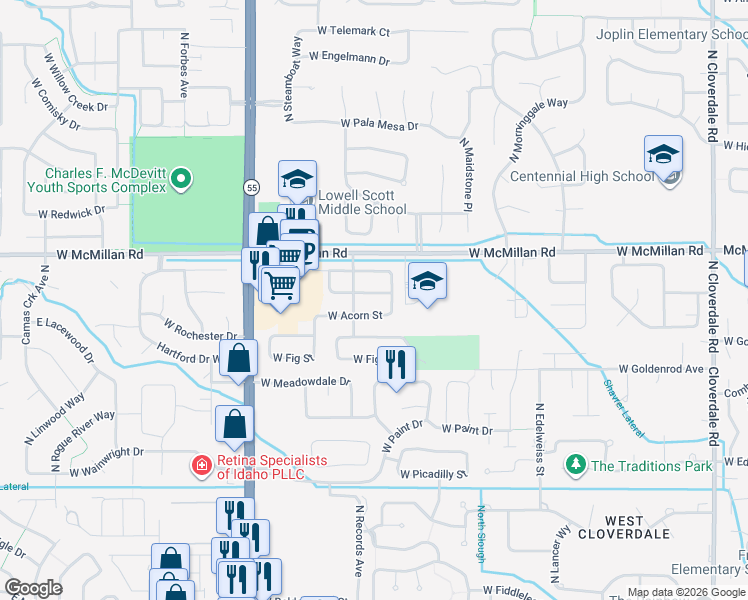 map of restaurants, bars, coffee shops, grocery stores, and more near 13403 W Hazelnut St in Boise