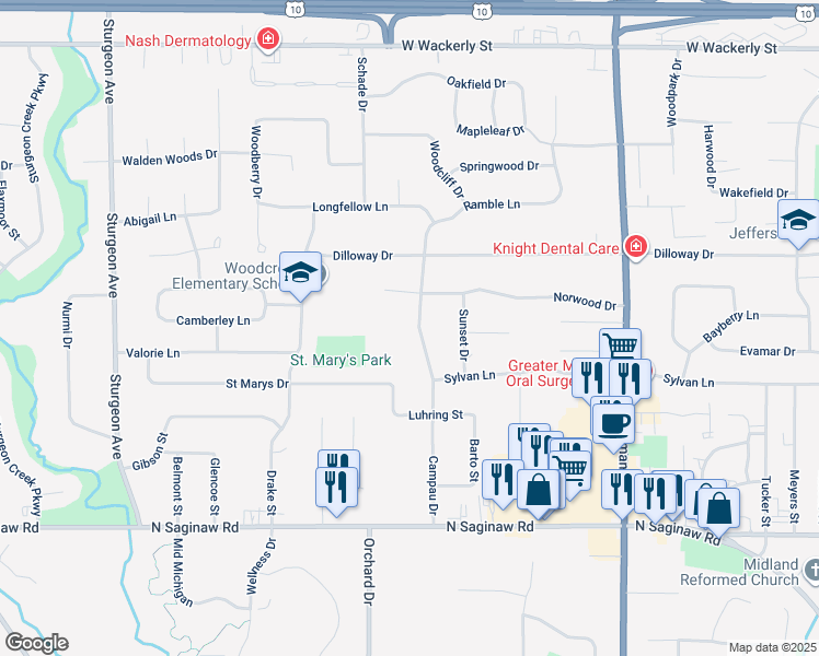 map of restaurants, bars, coffee shops, grocery stores, and more near 5403 Campau Drive in Midland