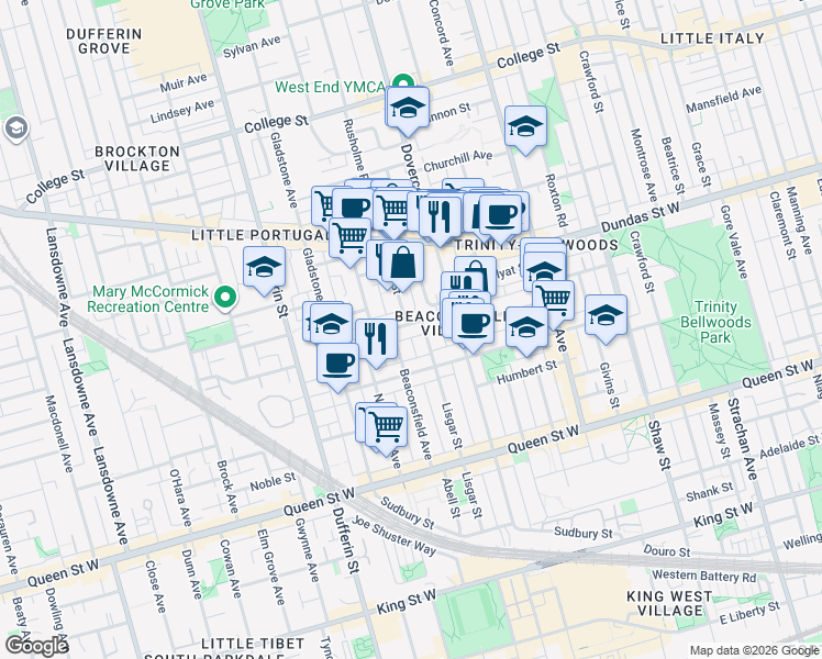 map of restaurants, bars, coffee shops, grocery stores, and more near 15 Afton Avenue in Toronto
