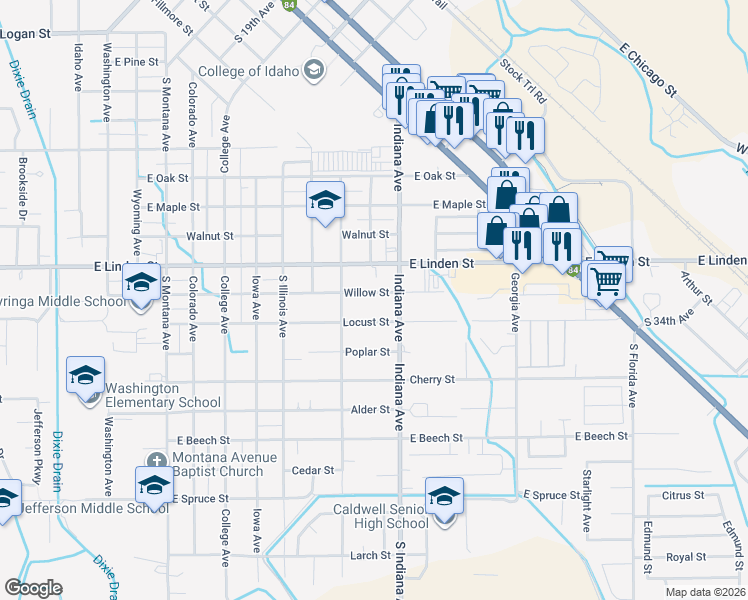 map of restaurants, bars, coffee shops, grocery stores, and more near 1921 Willow Street in Caldwell