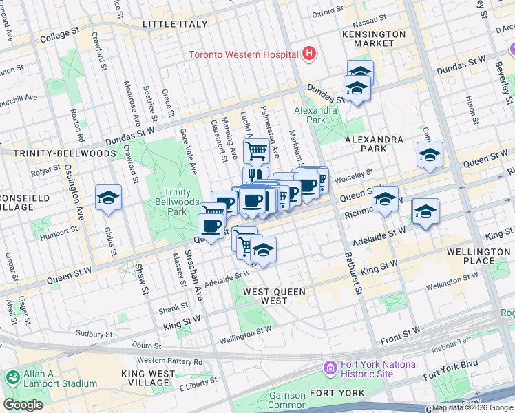 map of restaurants, bars, coffee shops, grocery stores, and more near 11 Manning Avenue in Toronto