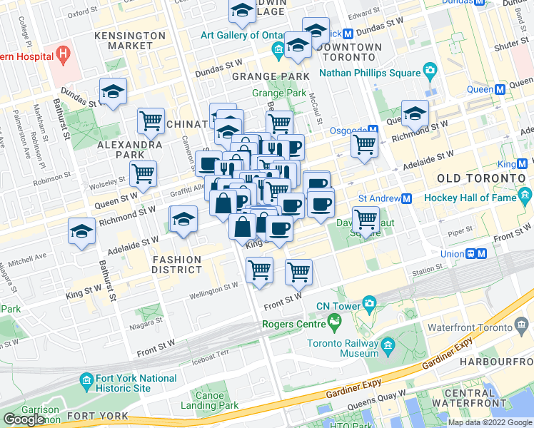 map of restaurants, bars, coffee shops, grocery stores, and more near 92 Peter Street in Toronto