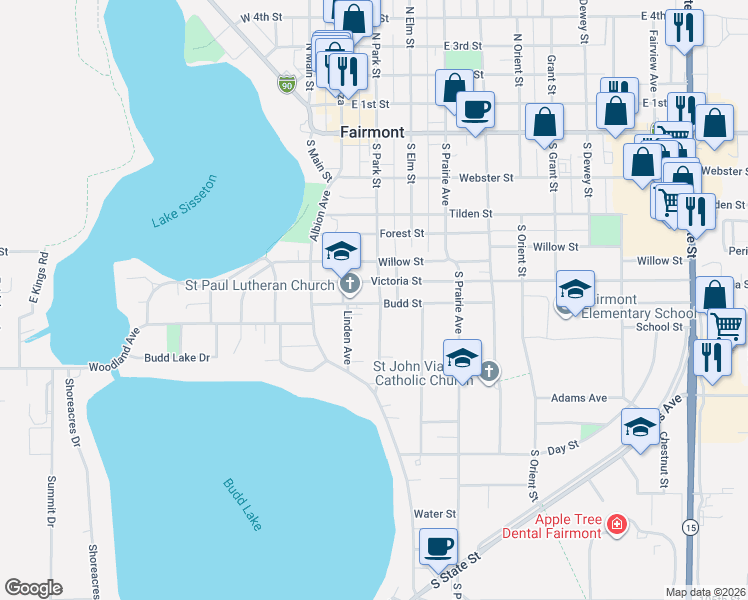 map of restaurants, bars, coffee shops, grocery stores, and more near 712 South Park Street in Fairmont