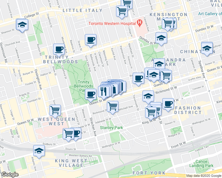 map of restaurants, bars, coffee shops, grocery stores, and more near 17 Claremont Street in Toronto