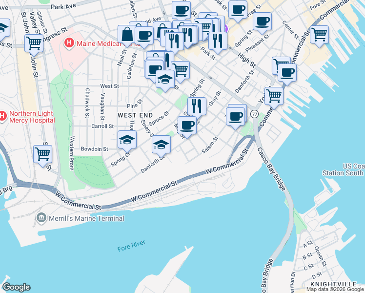 map of restaurants, bars, coffee shops, grocery stores, and more near 254 Danforth Street in Portland