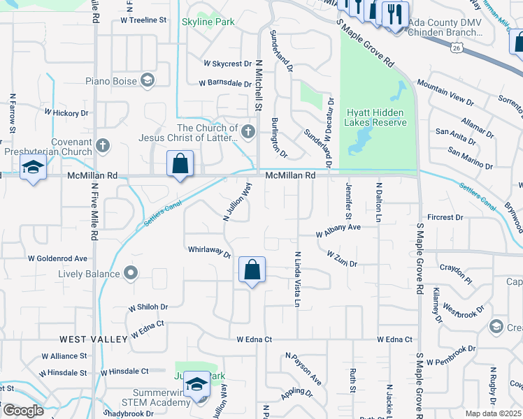 map of restaurants, bars, coffee shops, grocery stores, and more near 4621 Patton Place in Boise