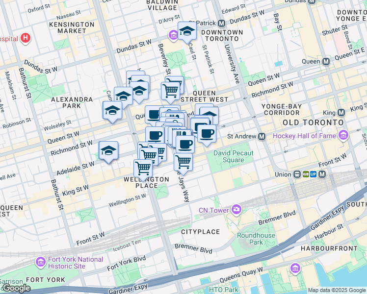 map of restaurants, bars, coffee shops, grocery stores, and more near 8 Widmer Street in Toronto