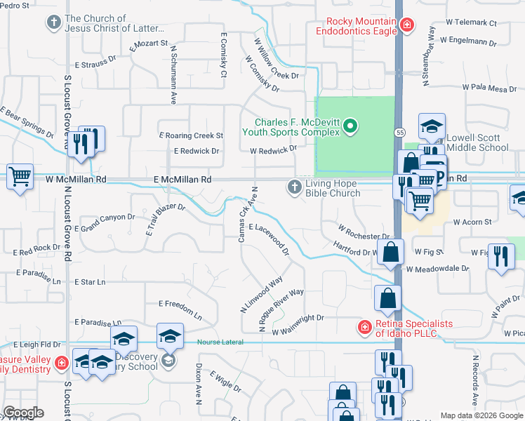 map of restaurants, bars, coffee shops, grocery stores, and more near 2551 East Whitebud Court in Meridian