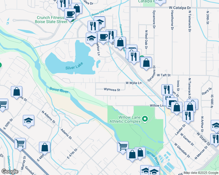 map of restaurants, bars, coffee shops, grocery stores, and more near 5010 West Wymosa Street in Boise
